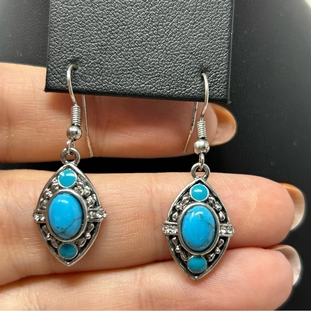 Southwestern Faux Turquoise Diamond Shape Silver Tone Dangle Earrings